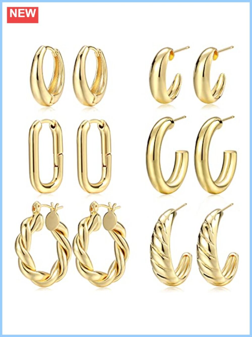 6 Pairs 14K Gold Plated Chunky Hoop Earrings Set Hypoallergenic